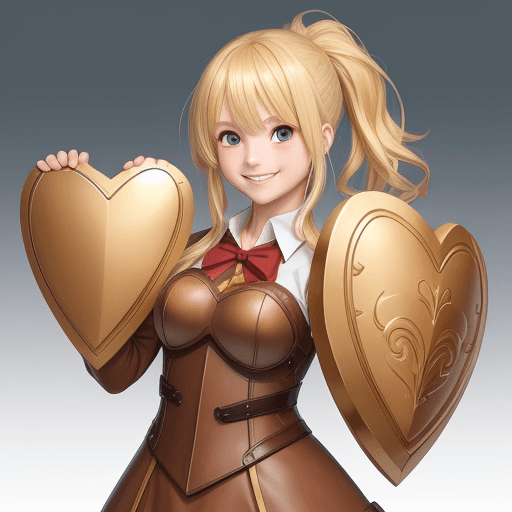 AI generated: A unique blond anime heart. girl. smiling. 
brown clothes. holding a heart shaped shield 10 inch
