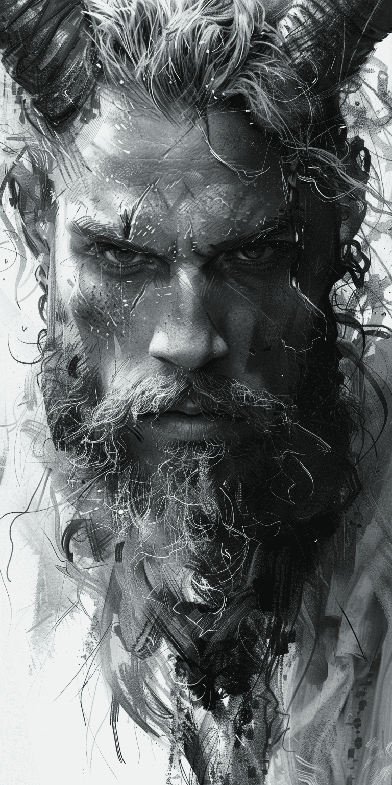 AI generated: black and white drawing of Viking with horns, headshot portrait front view, fine lines, soft colors,...