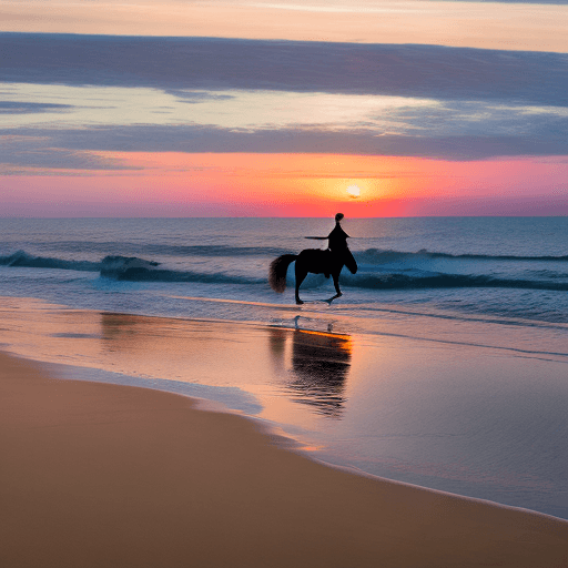 AI generated: Outer banks sunrise with wild horse and fisherman on beach, canon mark iv photo realistic