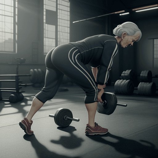AI generated: Photo of a ultra realistic OLD WOMAN BEND OVER PICKING UP WEIGHTS, IN A TRACK SUIT, dramatic light, ...