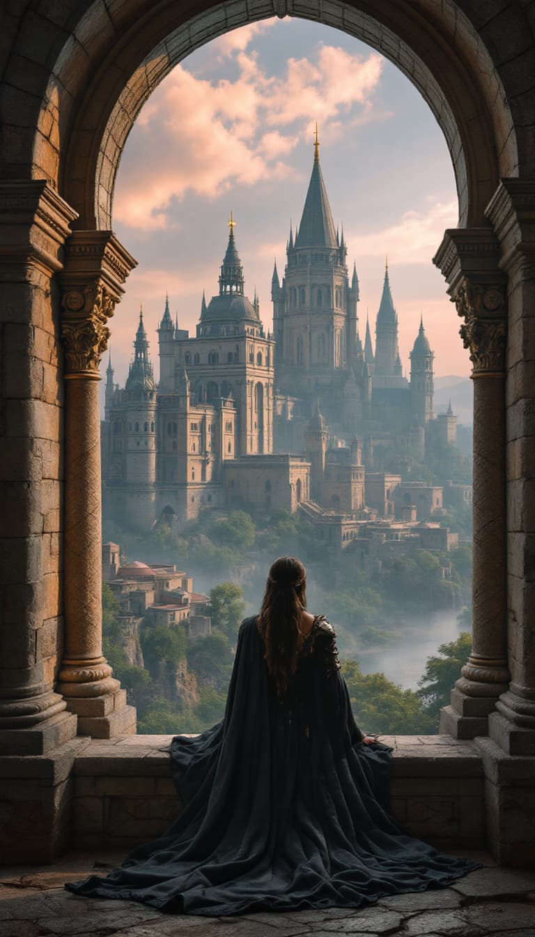 AI generated: hyper realistic image of a warrior queen viewing outside from her palace onto the kingdom