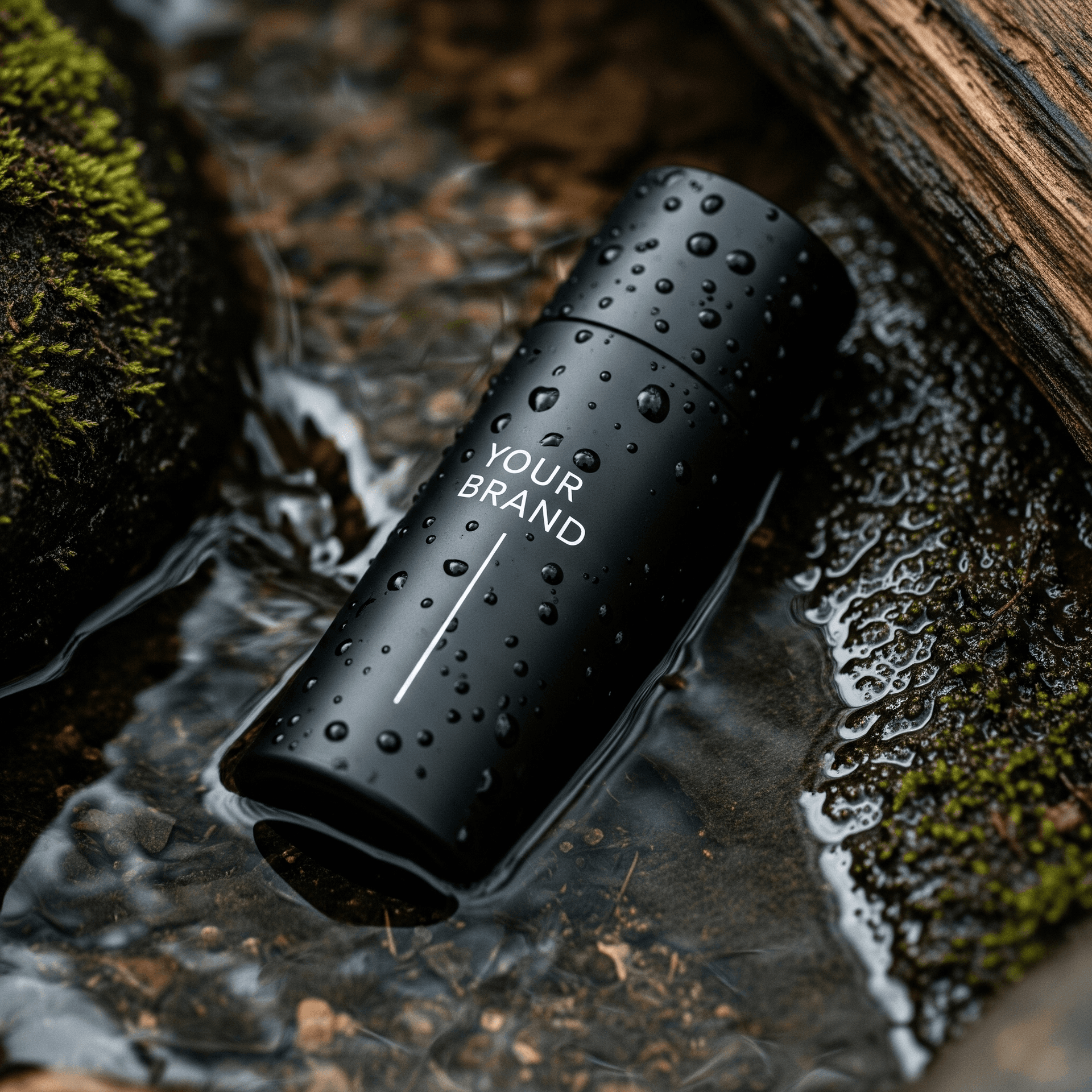 AI generated: A photo of a black matte, cylindrical perfume bottle lying in a shallow stream of clear water. The b...