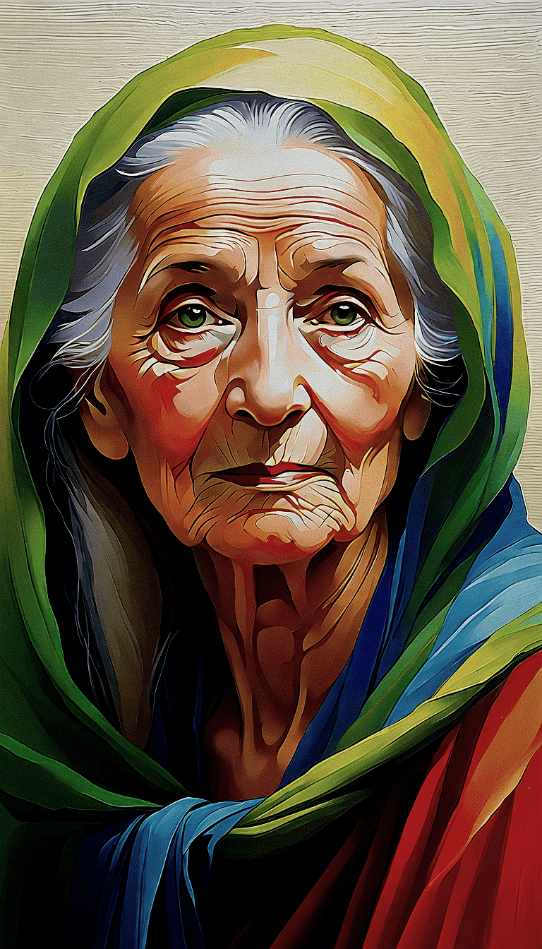 AI generated: 
Create an artistic image of an elderly woman whose face shows her age and wisdom. She wears a brig...