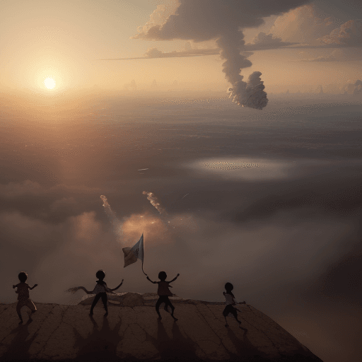 AI generated:  Children are running on the ground below the jets while celebrating holding indian flag, dramatic l...