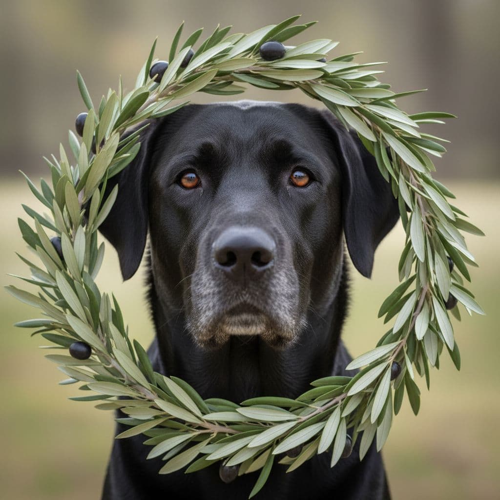 AI generated: dog, black labrador great Dane mix, just face, framed by olive branches
