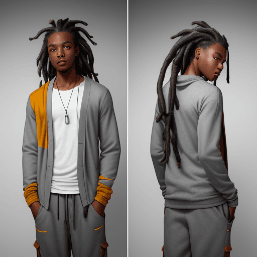 AI generated: photography, black man model, silver color dread hair, posterior side of the body, wearing an long l...
