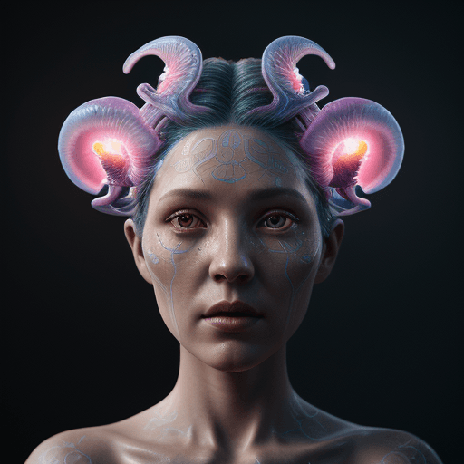 AI generated: Goddess close-up portrait ribcagel. jellyfish phoenix head, nautilus, orchid, skull, betta fish, bio...