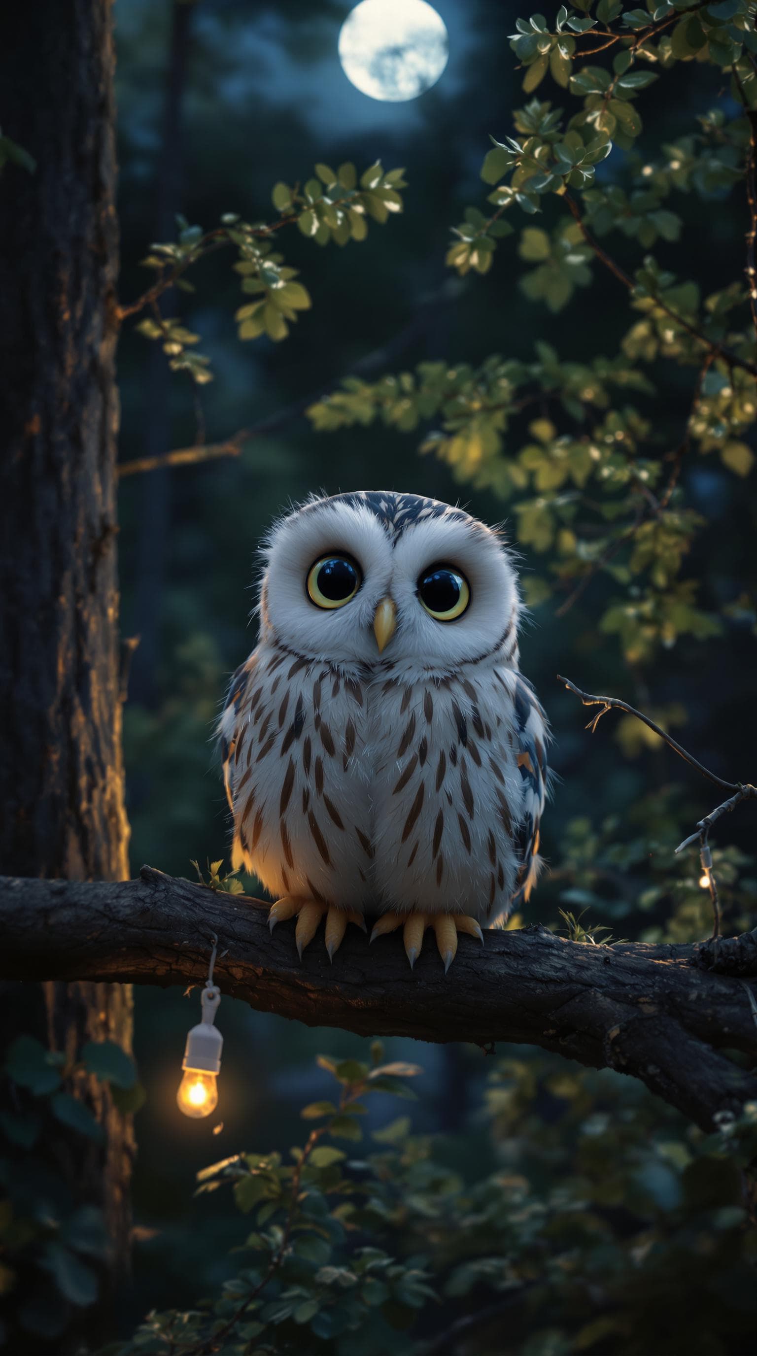 AI generated: fluffy owl sitting in the trees looking at camera, beautiful background, forest, octane render, nigh...