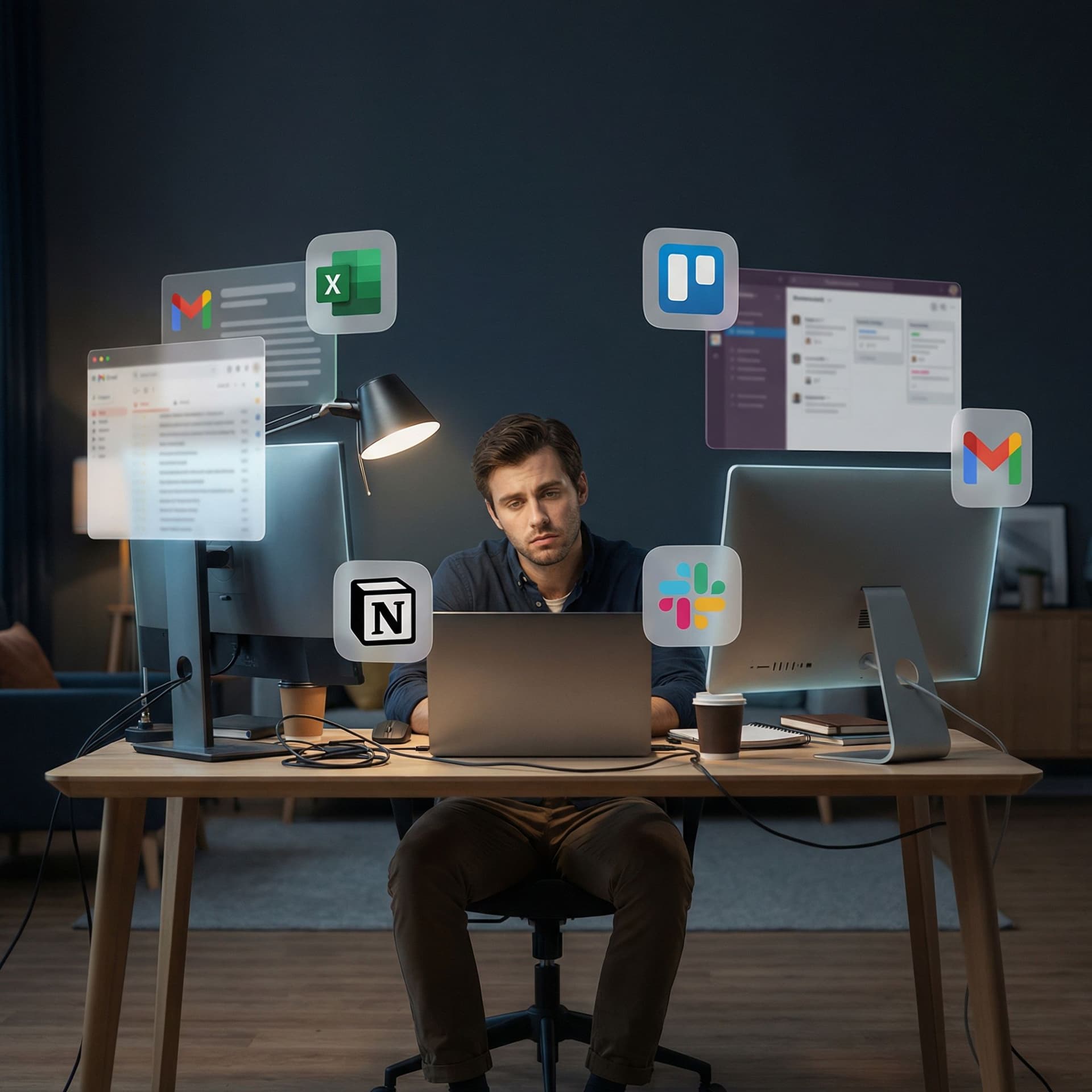 AI generated: Ultra-realistic modern lifestyle scene, young professional man sitting at a desk overwhelmed with mu...
