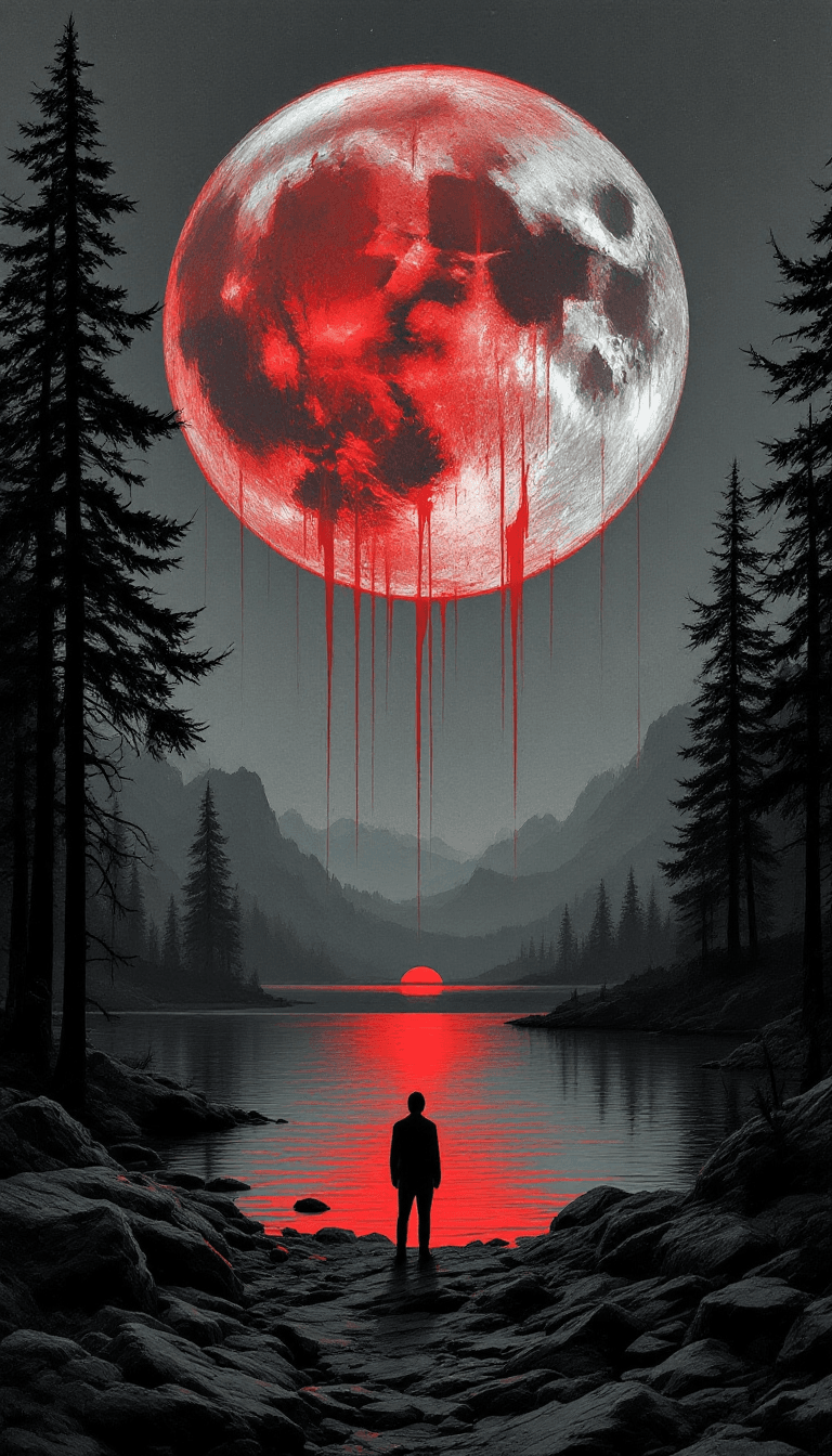 AI generated: A surreal and haunting illustration featuring a massive blood-red moon dominating the night sky, dri...