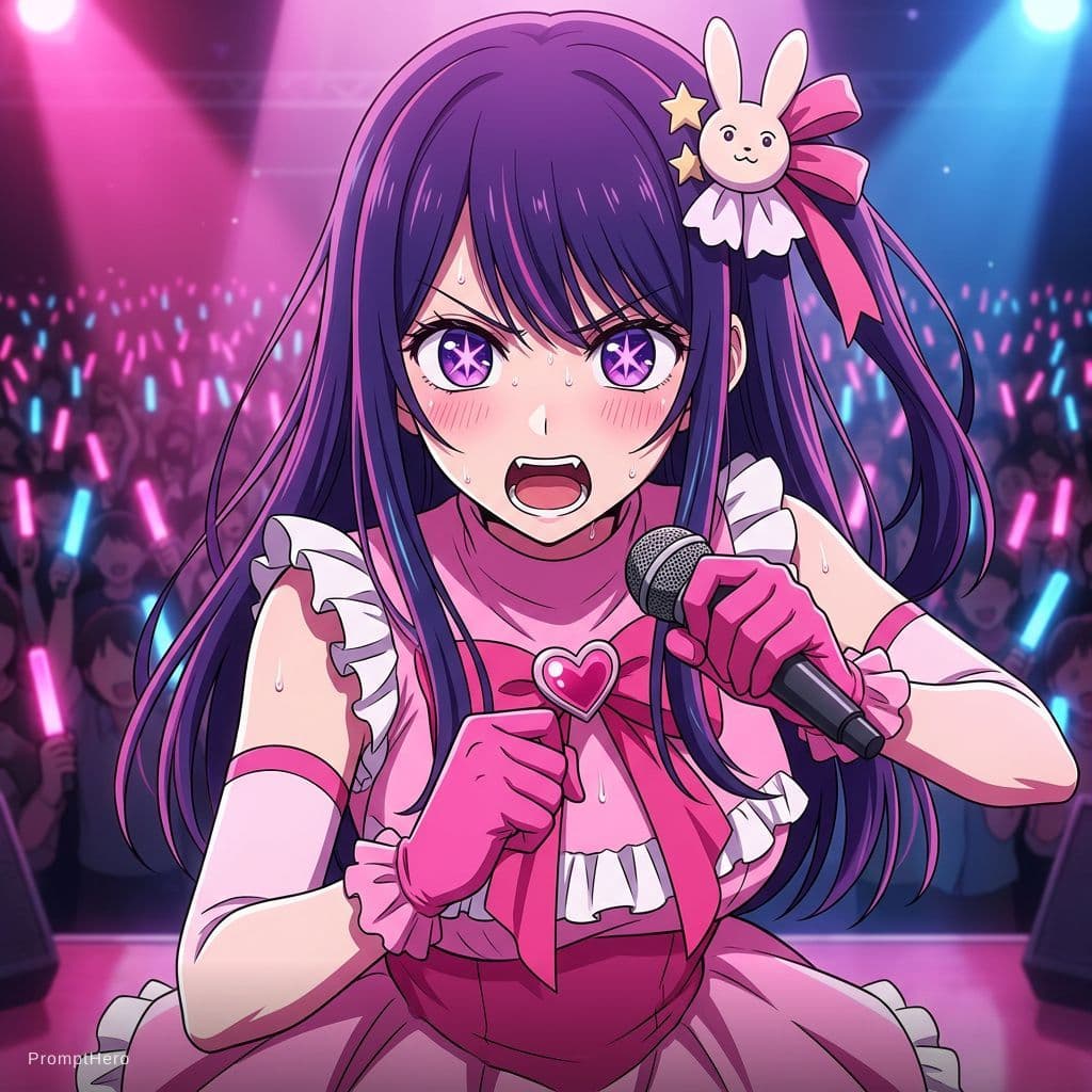 AI generated: hoshino ai \(oshi no ko\),1girl,microphone,idol,hair ornament,pink gloves,gloves,idol clothes,star (...