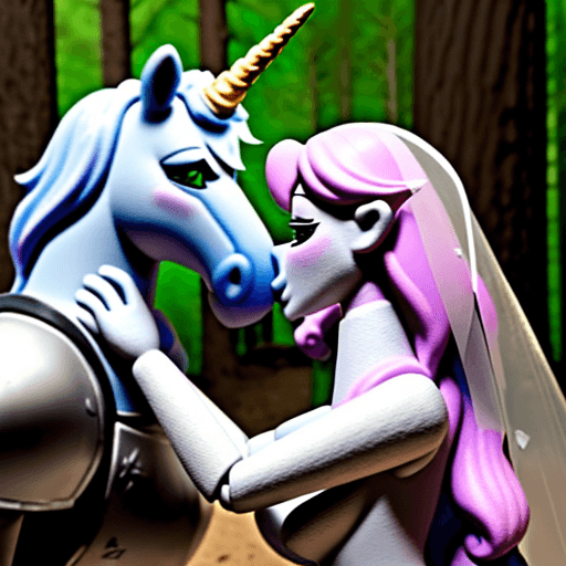 AI generated: Claymation knight kissing a unicorn at their wedding in forest, knight is truly in love with his gir...