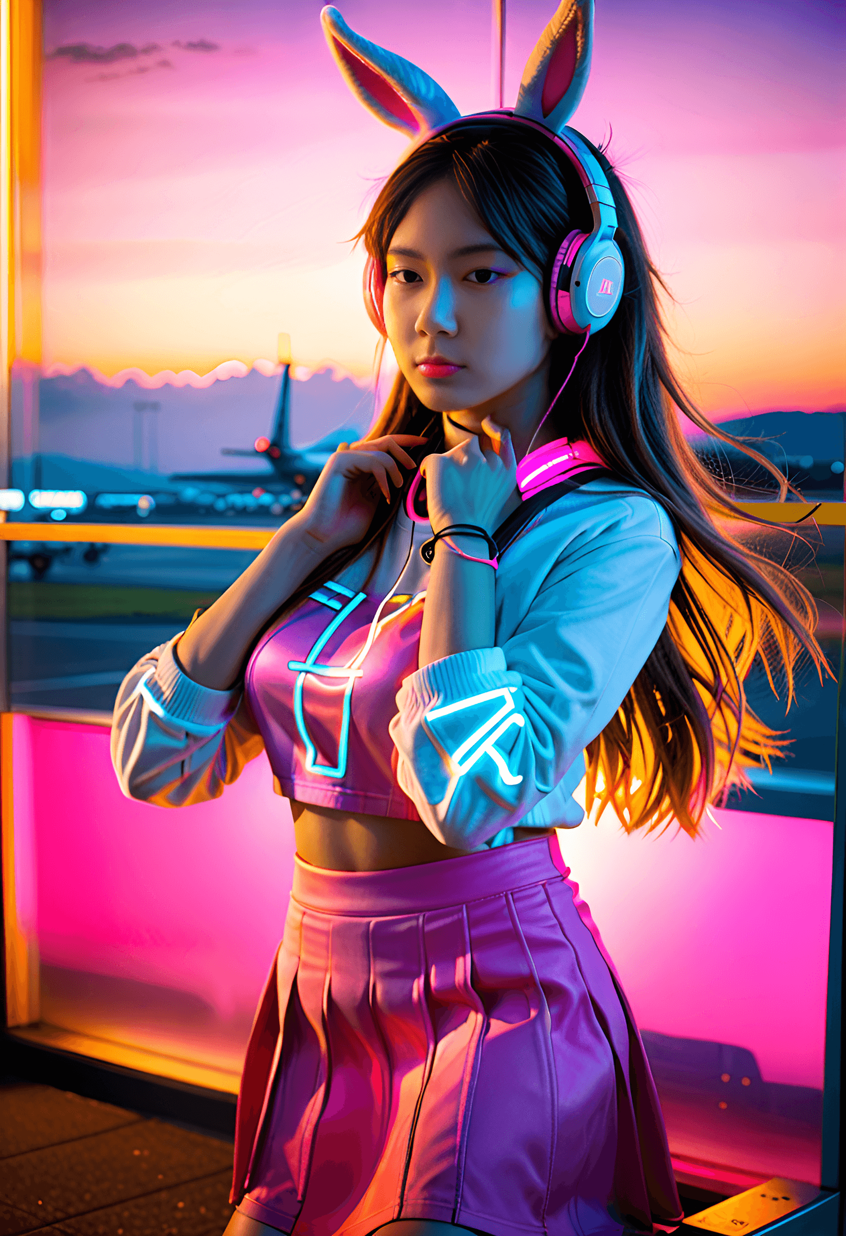 AI generated: The pink bunny girl in the cyber world is a cyberpunk (full body photo) , with beautiful long hair, ...