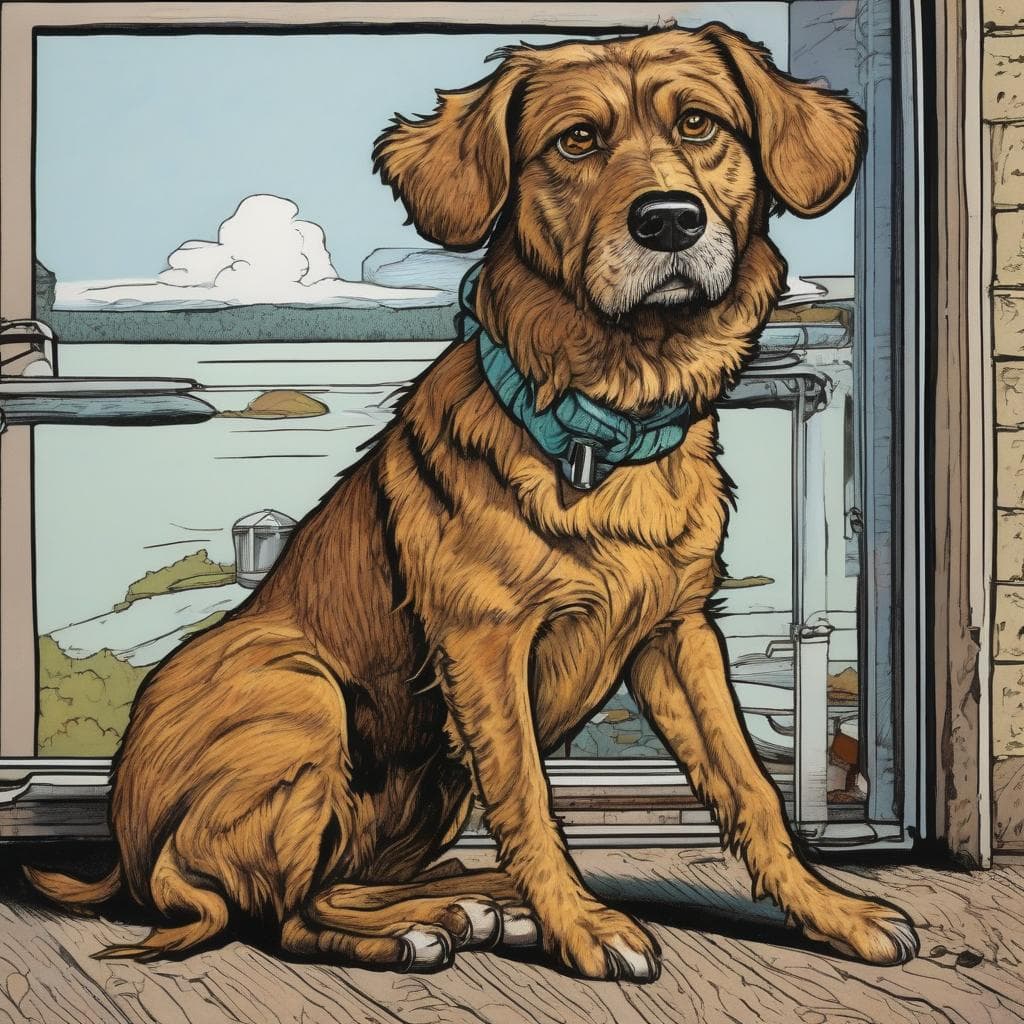 AI generated: Portrait of a cute dog in front of a window, colorized cartoonish ink drawing