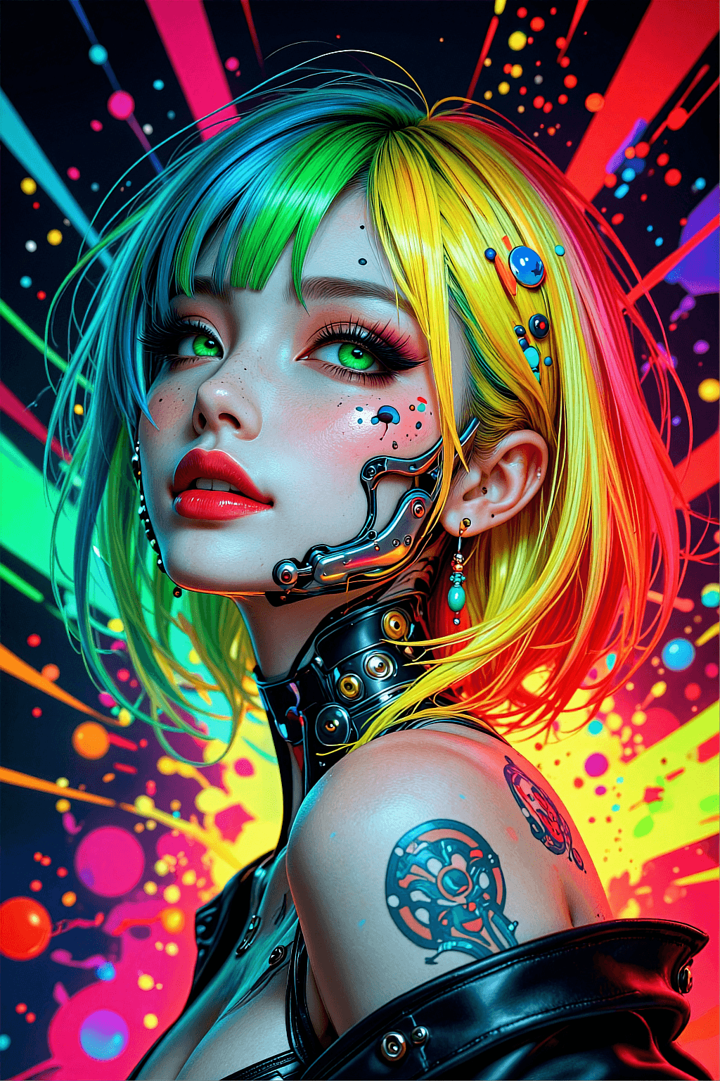 AI generated: Imagine a futuristic young japanese woman with a bold, cyberpunk aesthetic, her gaze directed upward...