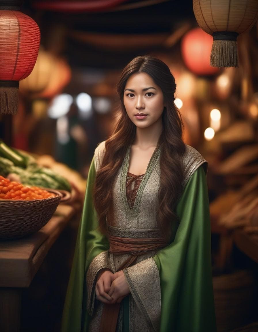 AI generated: A pretty girl in a crowded medieval market, market vendors, upper body, detailed clothes, green eyes...