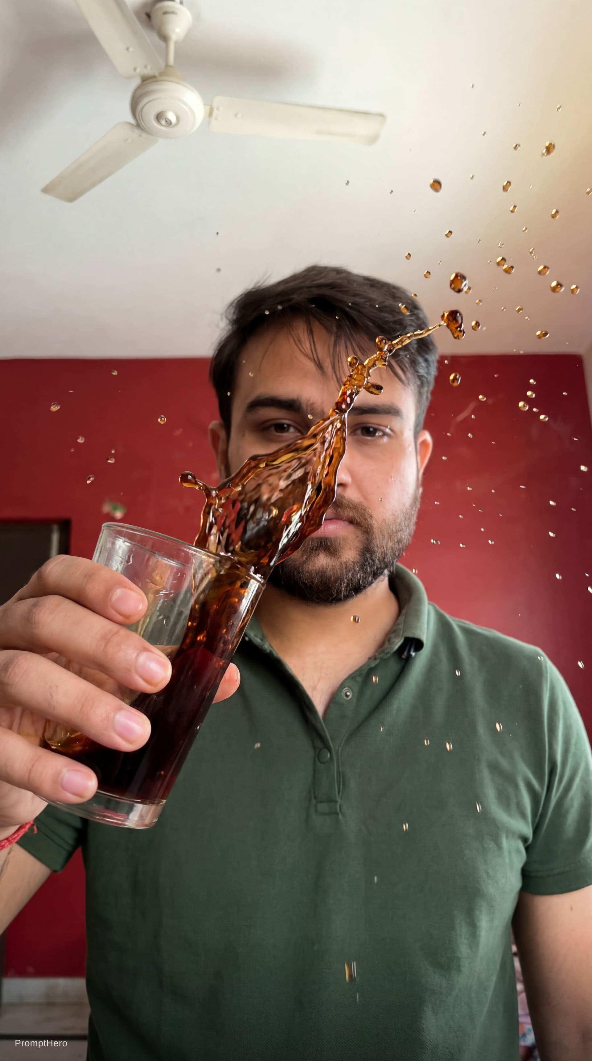 AI generated: Cinematic single-lens 3D stop-motion look. Freeze the exact moment liquid pours from a transparent c...