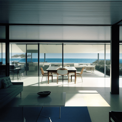 AI generated: Hyper realistic eye level exterior photo of a mid century modern style house overlooking the ocean, ...