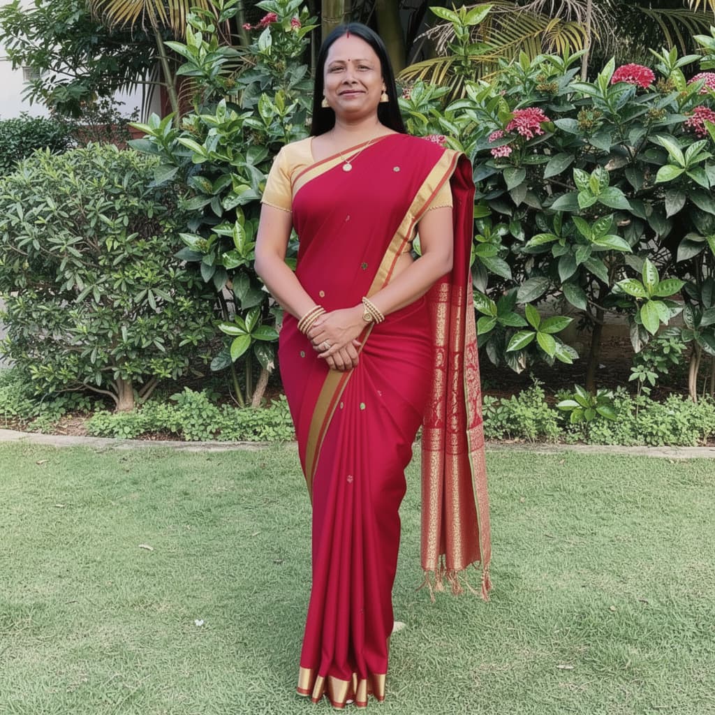 AI generated: A 5'10" Indian woman with DD-cup breasts and a 50-inch waist, wearing a red sari with a 2-inch waist...