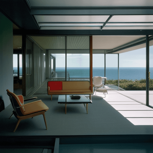 AI generated: Hyper realistic eye level exterior photo of a mid century modern style house overlooking the ocean, ...