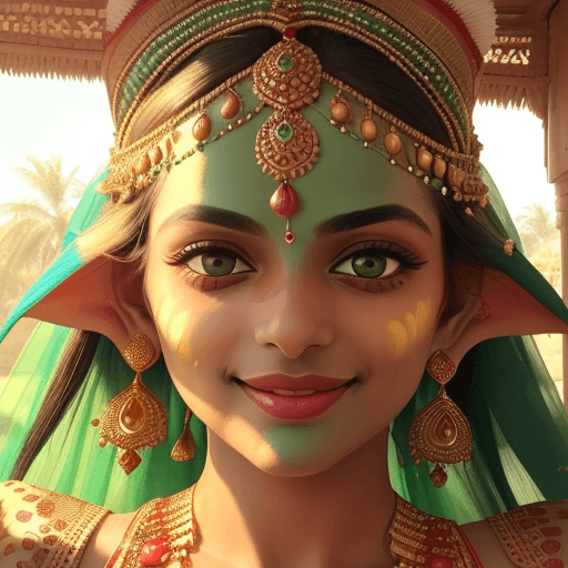 AI generated: A front-facing close-up shot of a beautiful woman with striking green eyes, adorned in traditional R...