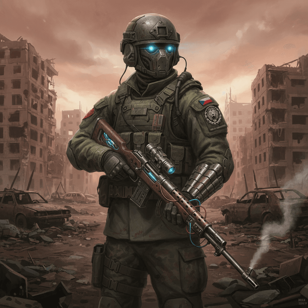 AI generated: “Post-apocalyptic soldier from faction ZV-47, Czech military-inspired gear with futuristic technolog...