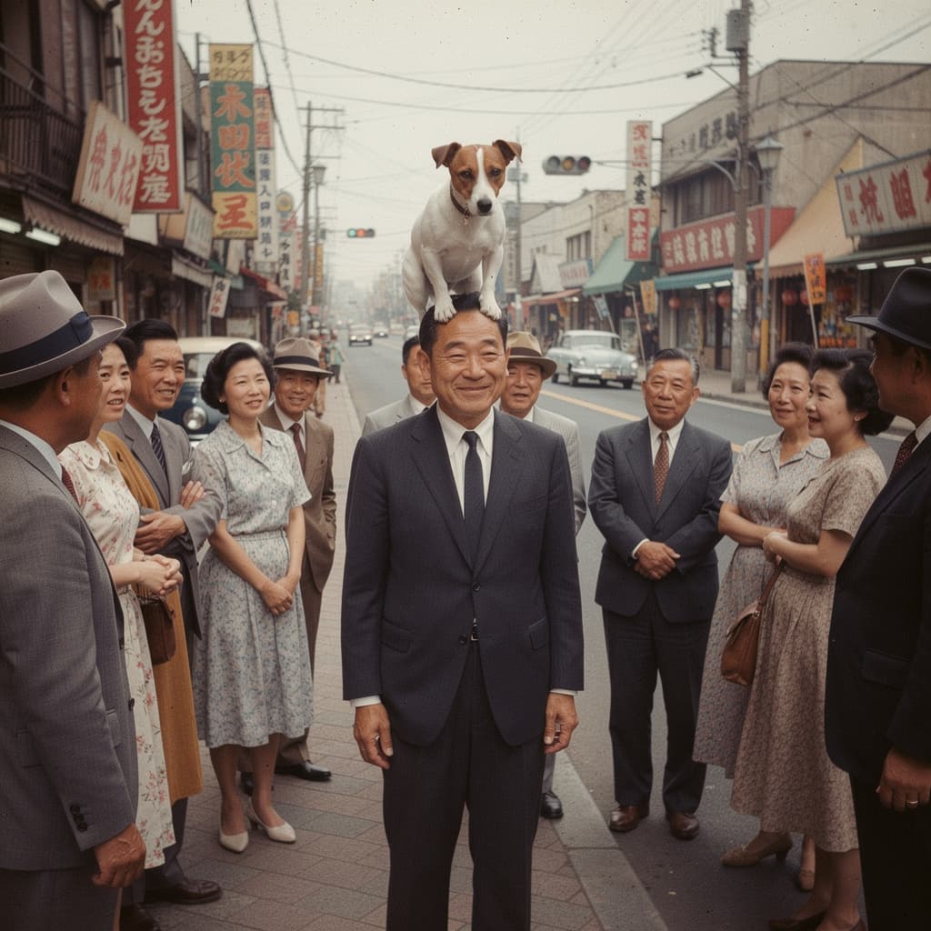 AI generated: Een Jack Russell staat met vier poten boven op het hoofd van een man in het Tokio van de jaren 60. E...