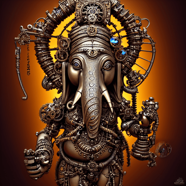 AI generated: steampunk cybernetic biomechanical indian god ganesha, front facing, symmetric, 3 d model, very cohe...