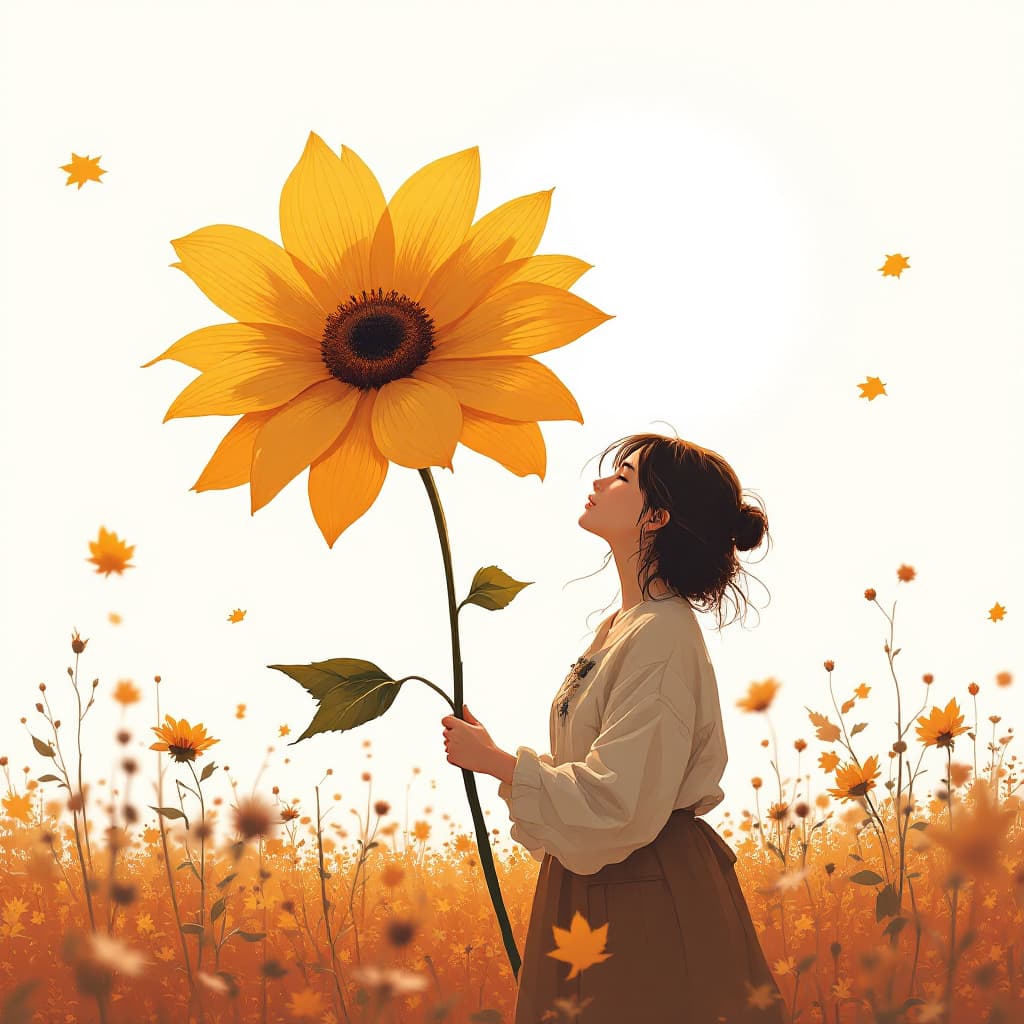 AI generated: A girl holding a huge flower, micro art, girl standing in the autumn field basking in the sun, autum...
