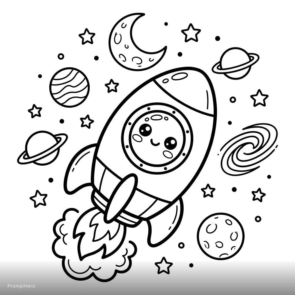 AI generated: kawaii rocket ship character, rounded rocket with cute face 
on window porthole, flames coming from ...