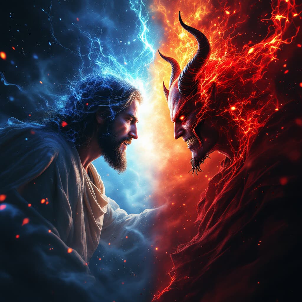 AI generated:  Jesus to be on the right side the devil gonna be on the left side cinematic, hyper realism, high de...
