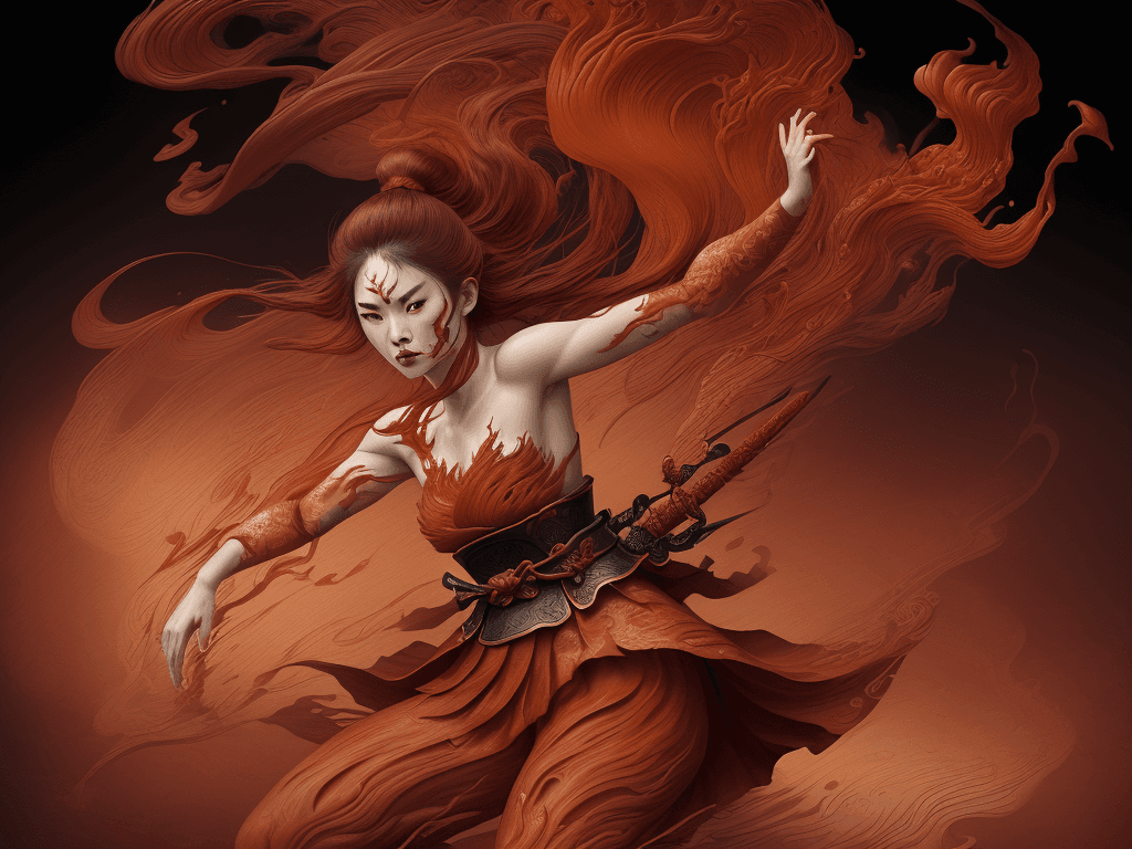 AI generated: A fierce samurai with fiery red strokes on her face, in the style of flowing silk sculpting, gracefu...