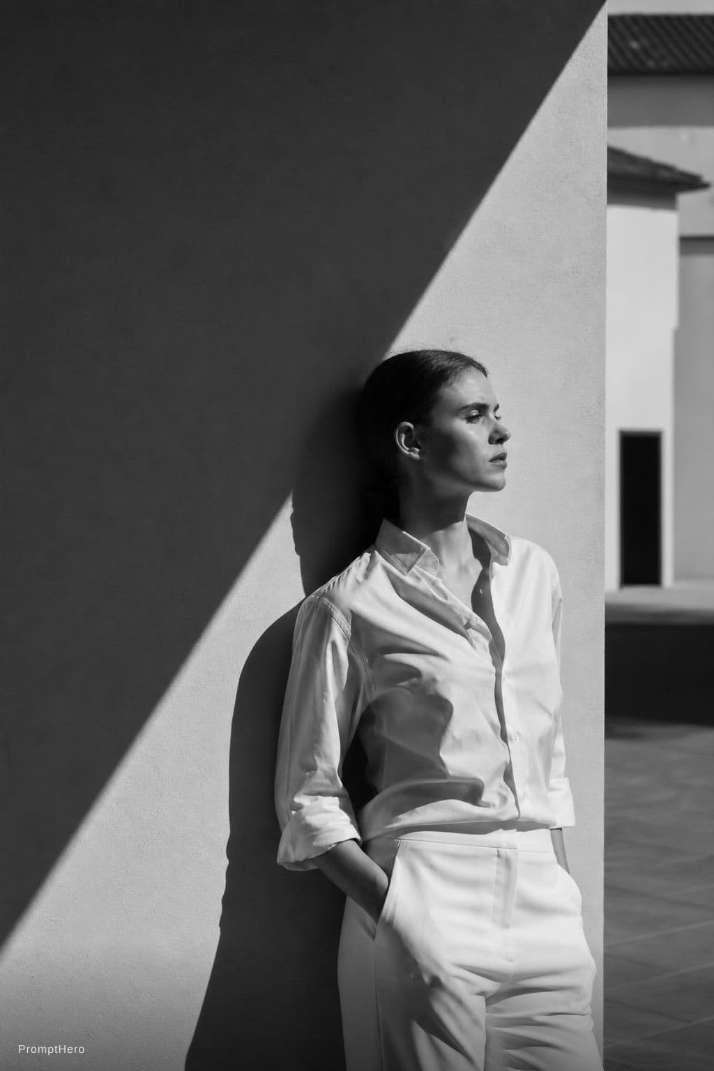 AI generated: high-resolution photograph, woman, stunning use of shadows, in the syle of crisp lines and forms,  U...
