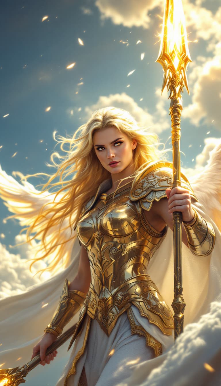 AI generated: A golden-haired Valkyrie descends from the sky, her radiant blonde hair and intense gaze piercing th...