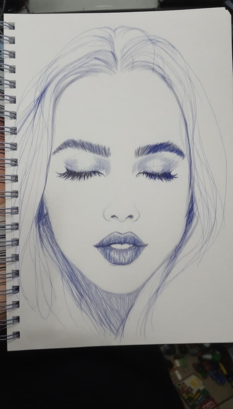 AI generated: girl, blue pen drawing, sketch