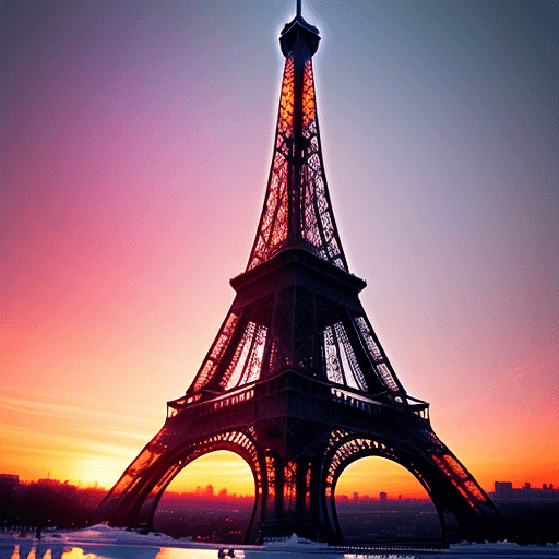 AI generated: The Eiffel tour in white ice, sunset, vibrant colors, intricate details, high-quality artwork