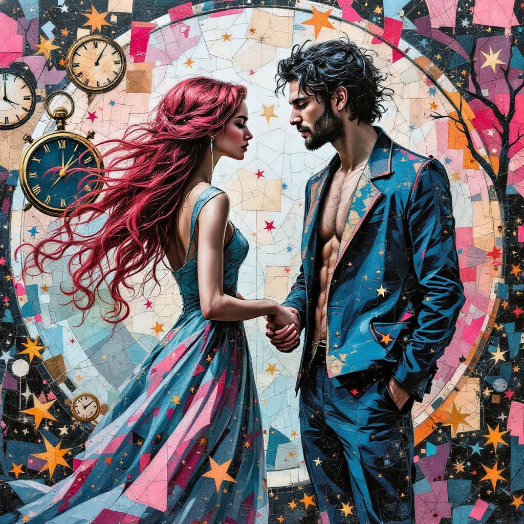 AI generated: An urban graffiti mosaic of two lovers, Liora and Elias, holding hands across time, their figures em...