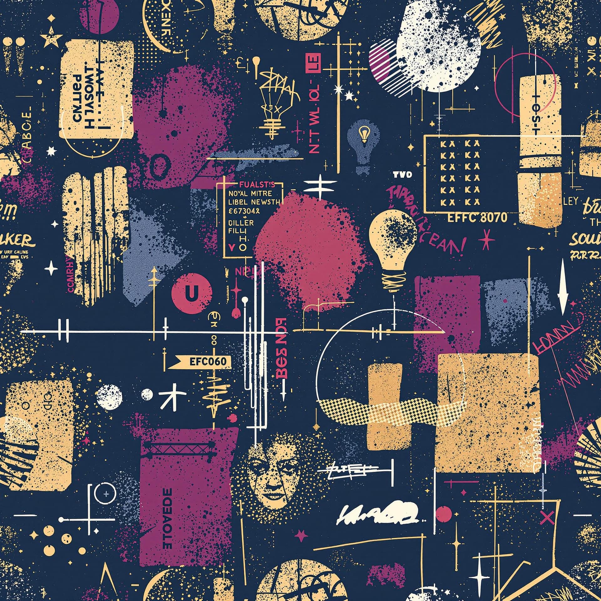 AI generated: "Seamless pattern inspired by urban textures and graffiti art. Deep indigo (#2B2D42) base with overl...