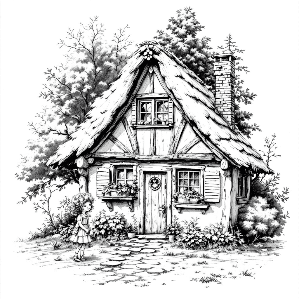 AI generated: pencil drawing of a small bavarian wooden house, behind it a few trees and a sweet curly girl in fro...