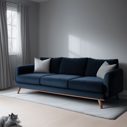 AI generated: Photograph a contemporary living room, soft light of dusk, integration wood flooring, soothing grey ...