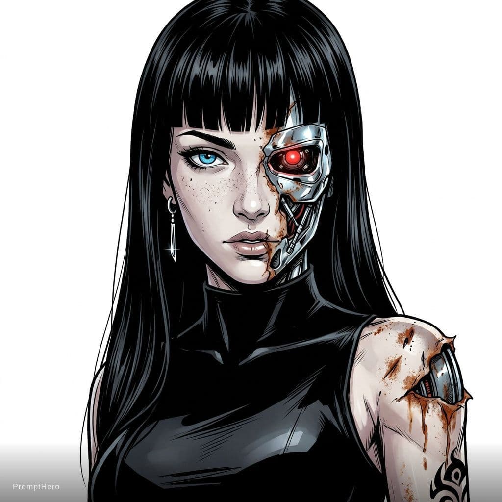 AI generated: A striking close-up portrait of a female cyborg with long, straight black hair and blunt bangs. Her ...