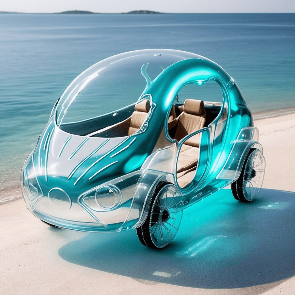 AI generated: a photo of transparent car made of water, clear water shaped in form to mimic a car