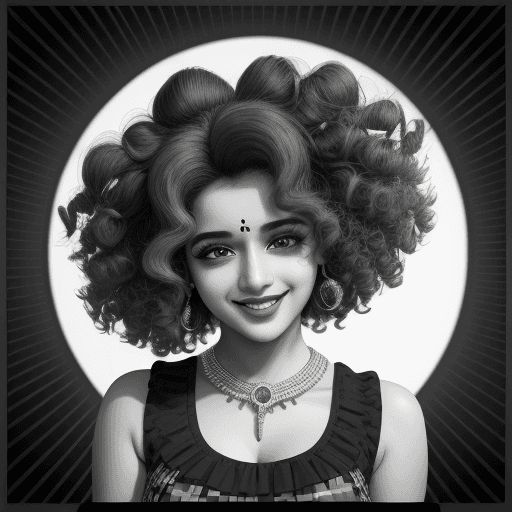AI generated: woman smiling in black and white with curly hair, in the style of y2k aesthetic, indian pop culture,...