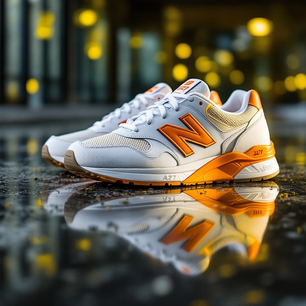 AI generated: photograph, productive, New Balance 327, white and orange, yellow, reflection