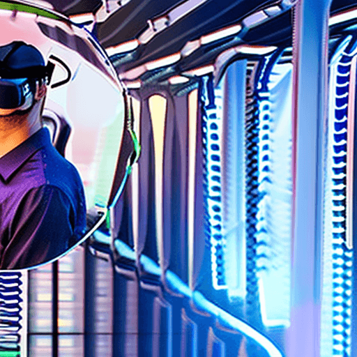 AI generated: man looking over shoulder in a cyberpunk fururistic world wearing VR set balance frame