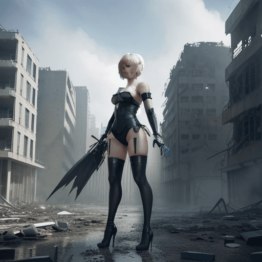 AI generated: 2b from nier automata, strapless latex, High Resolution, 8K, blue eyes, short hair white, in a destr...