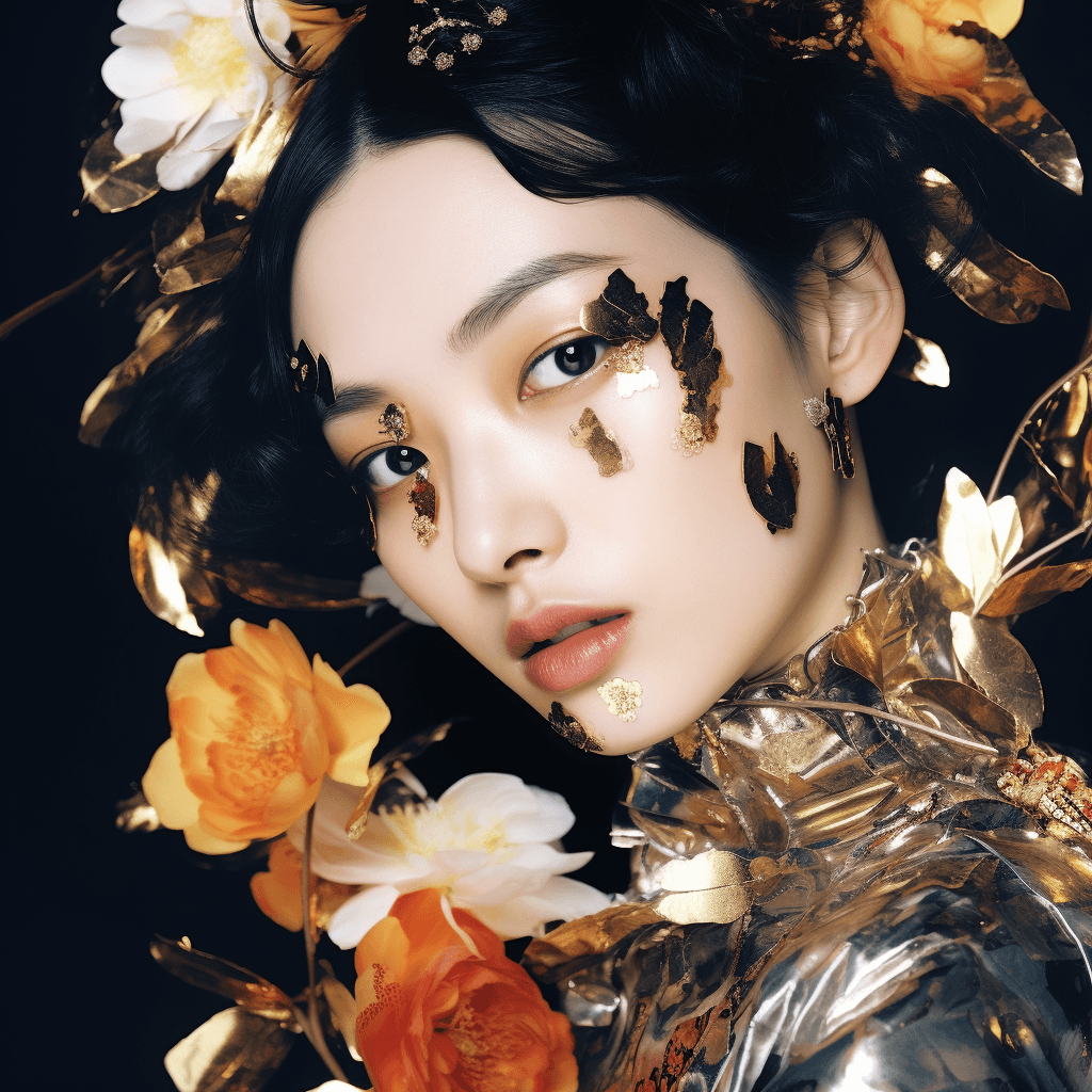 AI generated: beautiful Chinese model, fashion colorful makeup, a metallic sheen on the face, black and amber, var...