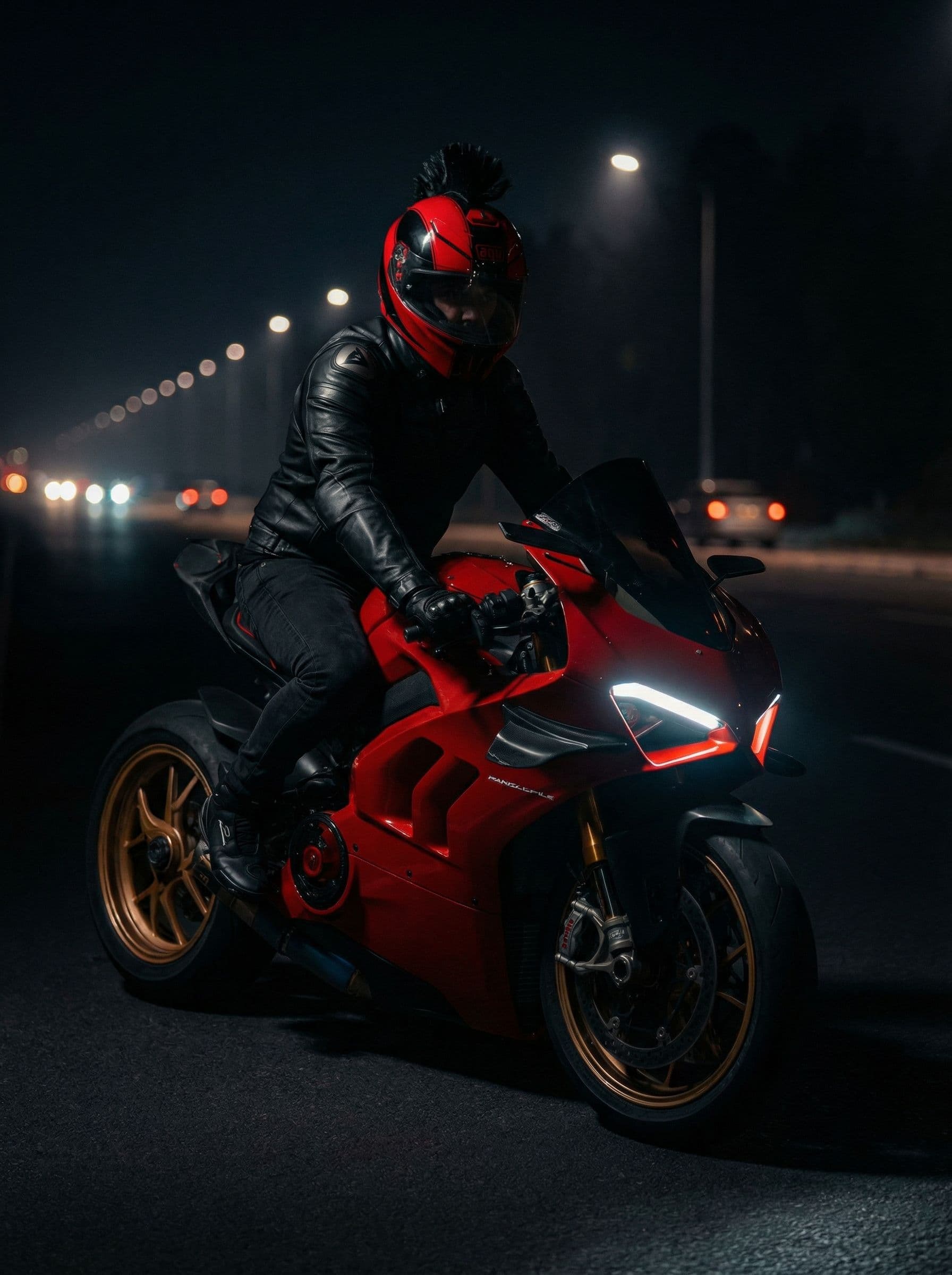 AI generated: Adding me on this bike wearing this helmet and full black jacket, jeans and shoes
