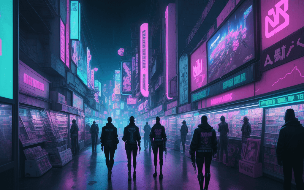 AI generated: nvinkpunk, landscape, anime posters and figurines on shelves, neon lights, cyberpunk 