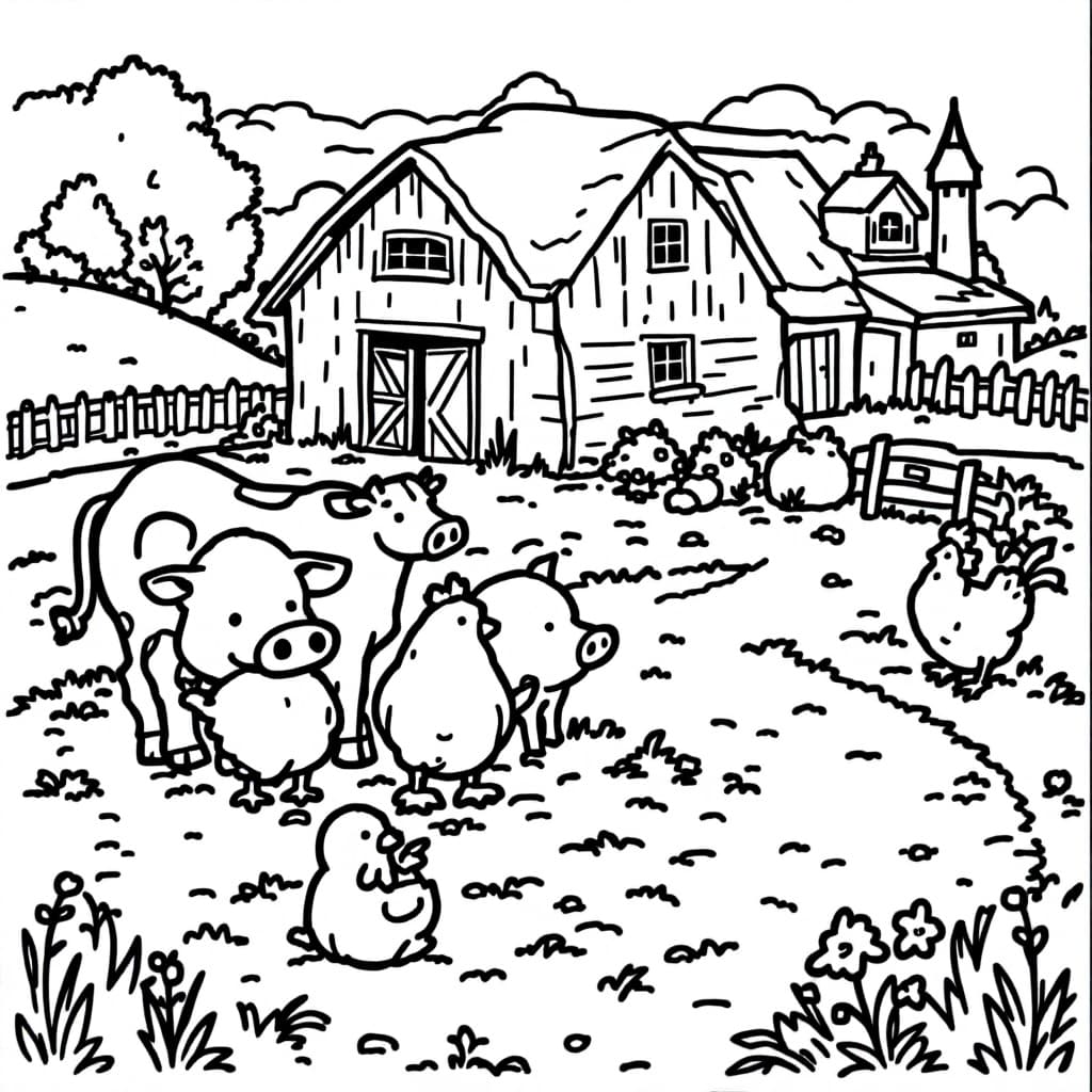 AI generated: Coloring book page,	A farm with cows, pigs, chickens, and a barn in the background
